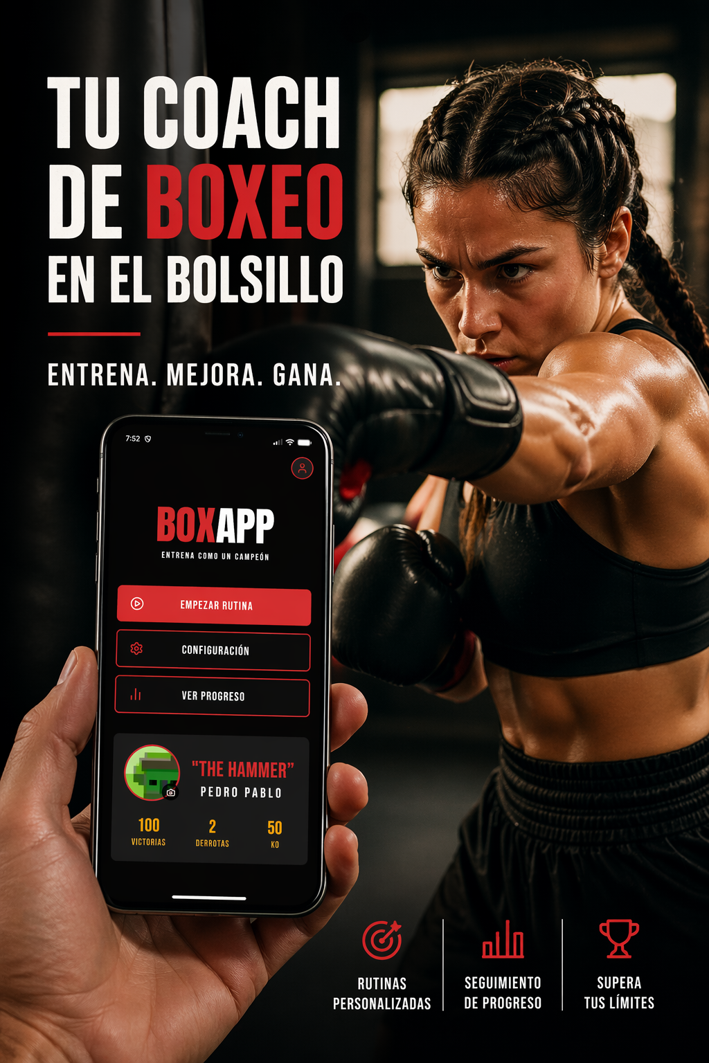 Boxeadora entrenando con BoxApp en el móvil